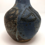Drippy Blue Glazed Studio Pottery Bud Vase with Banded Design of Black Triangles