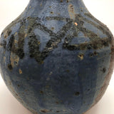 Drippy Blue Glazed Studio Pottery Bud Vase with Banded Design of Black Triangles