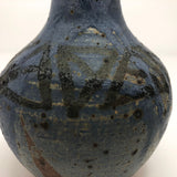 Drippy Blue Glazed Studio Pottery Bud Vase with Banded Design of Black Triangles