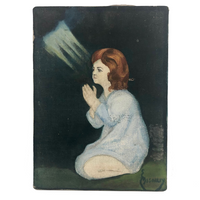 Vintage Oil on Canvas Painting of Girl Praying with Heavenly Light!