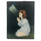 Vintage Oil on Canvas Painting of Girl Praying with Heavenly Light!
