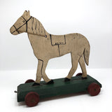 Antique Wooden Folk Art US Army Horse Pull Toy