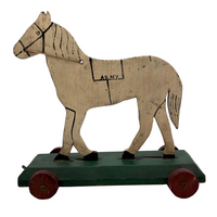 Antique Wooden Folk Art US Army Horse Pull Toy