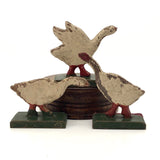 Three Old German Painted Wooden Geese on Green Bases