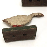 Three Old German Painted Wooden Geese on Green Bases
