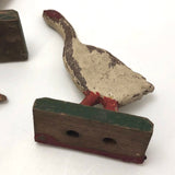 Three Old German Painted Wooden Geese on Green Bases