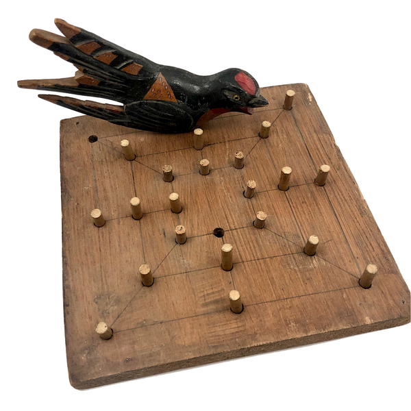 Twelve Men's Morris Old Handmade Game Board with Folk Art Bird Peg!