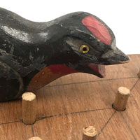 Twelve Men's Morris Old Handmade Game Board with Folk Art Bird Peg!