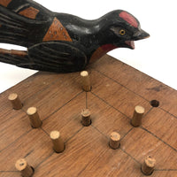 Twelve Men's Morris Old Handmade Game Board with Folk Art Bird Peg!