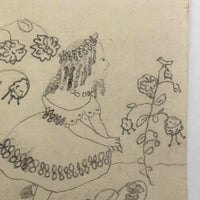 Miniature Early 19th Century Pencil Sketch of Girl with Flowers and Bird