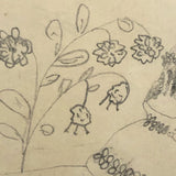 Miniature Early 19th Century Pencil Sketch of Girl with Flowers and Bird