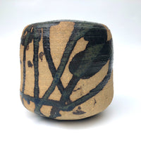 Studio Pottery Ikebana Vase by With Expressionistic Black and Dark Green Glazing