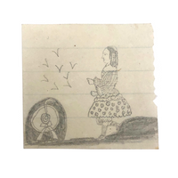 Miniature Early 19th Century Pencil Sketch of Girl in Fabulous Dress!