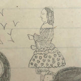 Miniature Early 19th Century Pencil Sketch of Girl in Fabulous Dress!