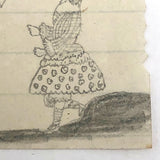 Miniature Early 19th Century Pencil Sketch of Girl in Fabulous Dress!