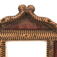 Evocative Antique Tramp Art Frame with Worn Red Velvet