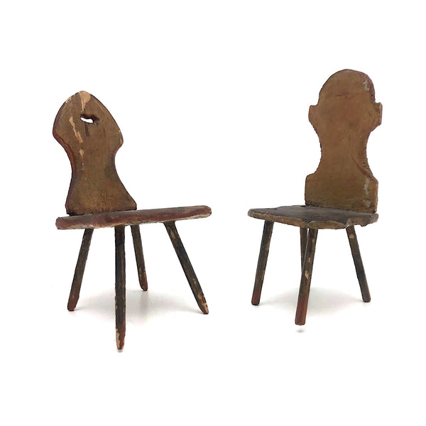 Wonderfully Wonky Old Handmade Miniature Wooden Chairs, A Pair