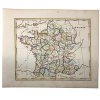 France: Gorgeous c. 1840 Ink and Watercolor Hand-drawn Map