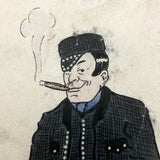 Hand-Drawn Pen and Ink Postcard of Cigar Smoking Man, Signed Ted Cross