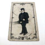 Hand-Drawn Pen and Ink Postcard of Cigar Smoking Man, Signed Ted Cross