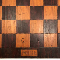Old Handmade Wooden Chess Board with Carved "Black" and "White" Sides
