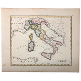 Italy: Gorgeous c. 1840 Ink and Watercolor Hand-drawn Map