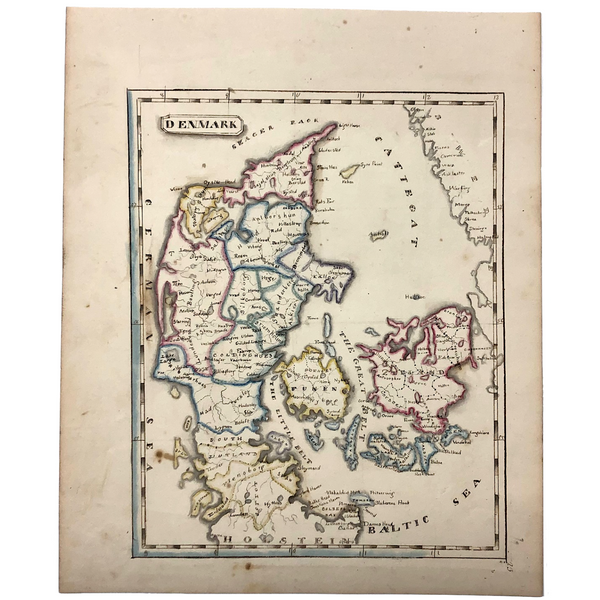 Denmark: Gorgeous c. 1840 Ink and Watercolor Hand-drawn Map