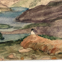 Lovely 1910 Watercolor Postcard with Tiny Lone Figure in Landscape
