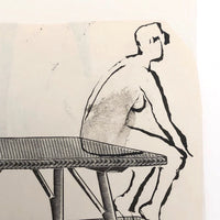 James Bone Couple with Backs Turned on Wicker Table, Drawing on Collage