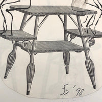 James Bone Couple with Backs Turned on Wicker Table, Drawing on Collage