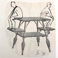 James Bone Couple with Backs Turned on Wicker Table, Drawing on Collage