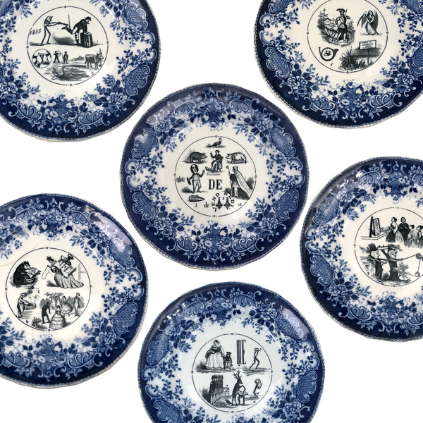 SOLD (for YB) Vieillard Bordeaux c. 1850s French Faience Blue & White Rebus Plates - Set of 6