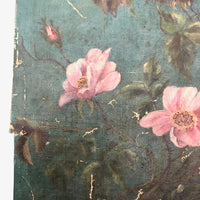 Antique Oil on Linen Painting of Pink Roses Against Deep Aqua