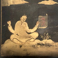 Hand-painted Gold on Black Japanese Lacquer Box with Figure, Signed
