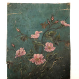 Antique Oil on Linen Painting of Pink Roses Against Deep Aqua