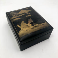 Hand-painted Gold on Black Japanese Lacquer Box with Figure, Signed
