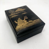Hand-painted Gold on Black Japanese Lacquer Box with Figure, Signed