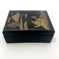 Hand-painted Gold on Black Japanese Lacquer Box with Figure, Signed