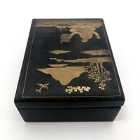 Hand-painted Gold on Black Japanese Lacquer Box with Figure, Signed