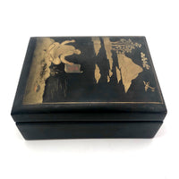 Hand-painted Gold on Black Japanese Lacquer Box with Figure, Signed