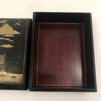 Hand-painted Gold on Black Japanese Lacquer Box with Figure, Signed