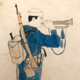 Handsome U.S. Bugle Boy in Blue, Pencil, Ink and Watercolor Drawing