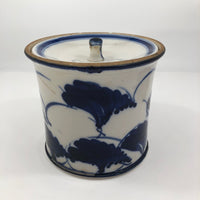 Beautiful Blue and White Lidded Porcelain Canister with Handpainted Ginko Leaf Design