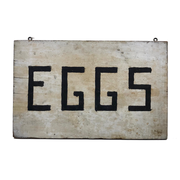 Old Hand-painted EGGS Sign with Creamy White Alligatored Paint
