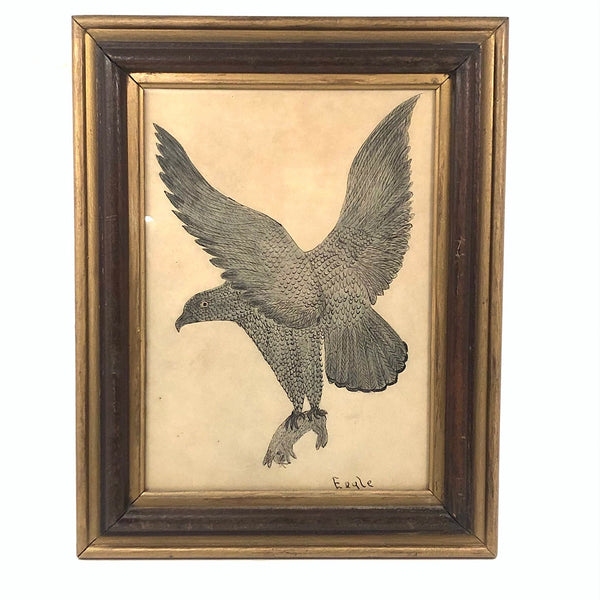 Eagle Carrying Rabbit, Antique Ink and Watercolor Drawing, Framed