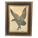 Eagle Carrying Rabbit, Antique Ink and Watercolor Drawing, Framed