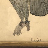 Eagle Carrying Rabbit, Antique Ink and Watercolor Drawing, Framed
