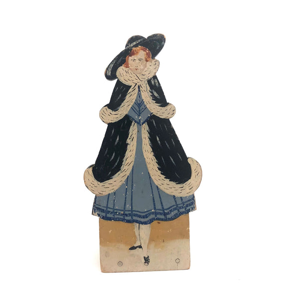 Redheaded Woman in Fur Old Folk Art Wooden Doorstop