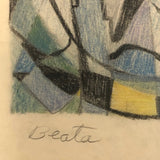 Abstract Mid-Century Colored Pencil and Graphite Drawing Signed Beata