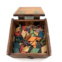 SOLD Antique Hinged Wooden Box Filled with Small Wooden Parquetry Tiles